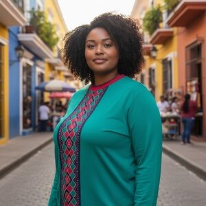 Teal Long Sleeve Top with Patterned Front